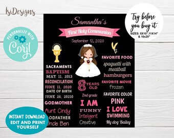 Girl First Communion editable chalkboard poster, Holy Communion sign, girl communion decoration