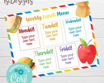 Editable Kids Lunch Planner, Meal Weekly Planner, Lunch Menu for Children, Instant Download, School Lunch Menu Planner