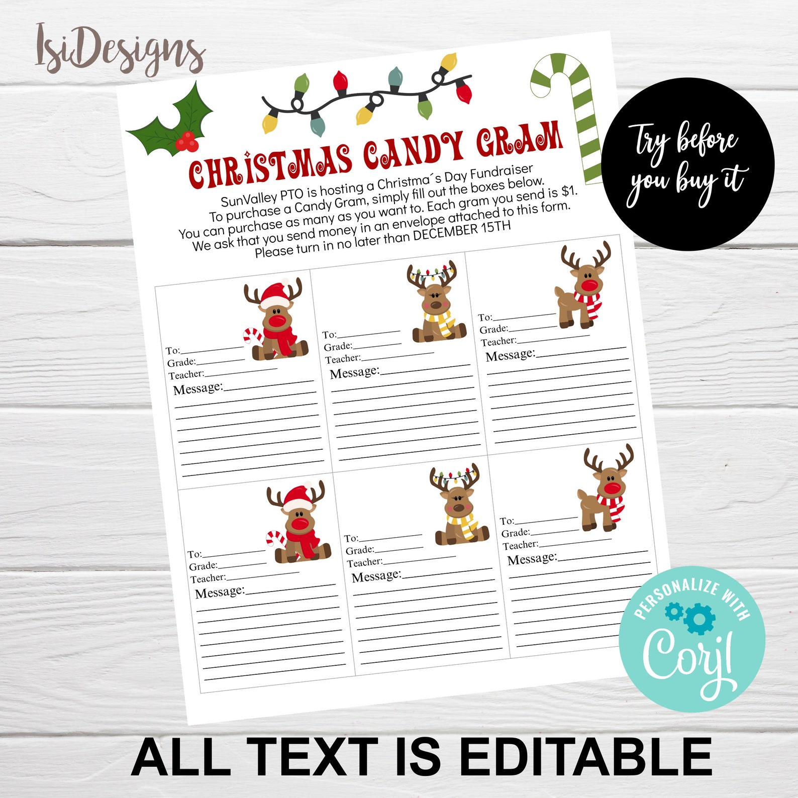 Christmas Candy Gram Editable Template PTO / PTA School Etsy