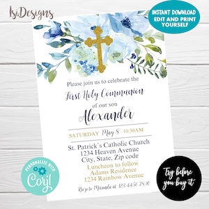 Convite floral azul para comunhão sagrada, download instantâneo, convite editável, convite para batismo, convite para primeira comunhão