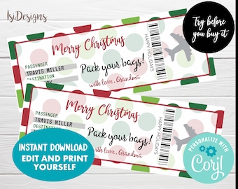 Christmas Boarding Pass, Editable Boarding Pass Template, Surprise Vacation Printable Ticket, Editable Flight Ticket, Last Minute Gift