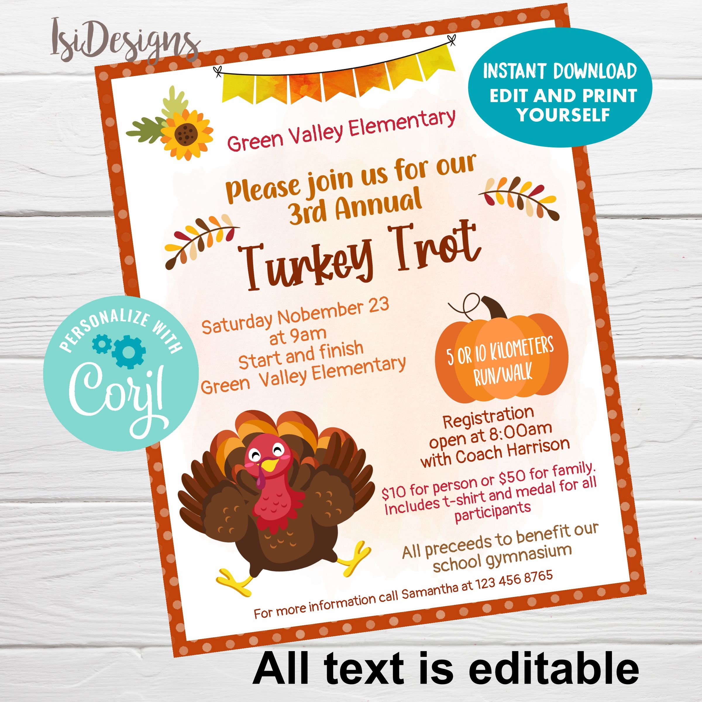 thanksgiving turkey trot flyer, editable fall walk/run poster