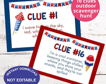 Outdoor 4th of July Scavenger Hunt Clue Cards, Printable Party Games Activities for Kids, Independence Day Treasure Hunt, Instant Download