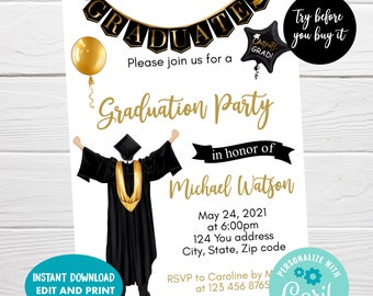 College Graduation Party Editable Invitation, Boy Senior Graduation Invite, Instant Download, Modern Graduation Invitation