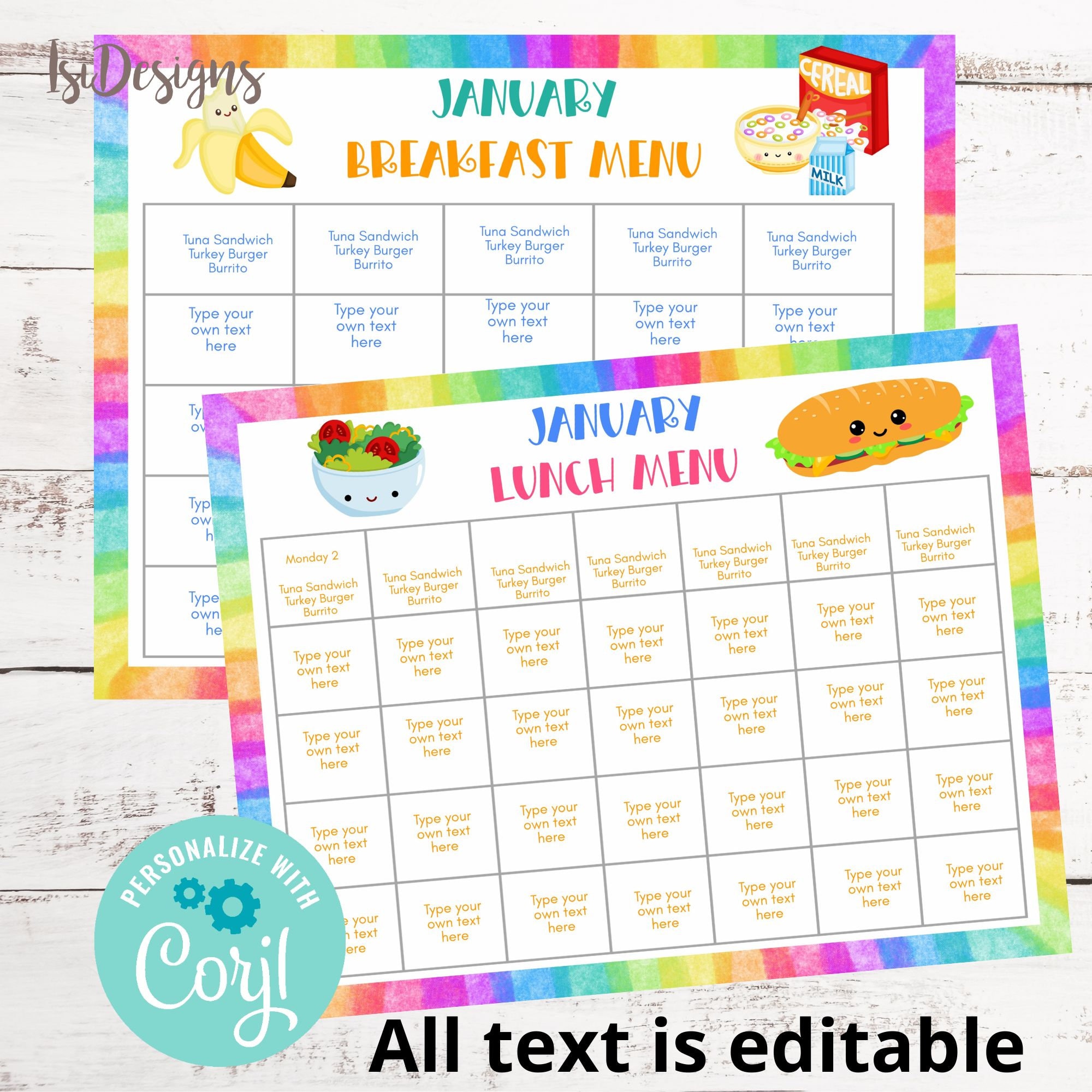 School Lunch Meal Planner, Editable Kids Lunch Menu, Monthly Kids Menu ...