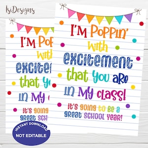 Popping with excitement you're in my class gift tag, back to school printable tag, first day popcorn tag, welcome back great school year tag