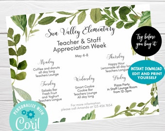 Teacher & Staff Appreciation Week, Editable Greenery Appreciation Itinerary Flyer, School PTO PTA Nurse Employee Appreciation Week Flyer