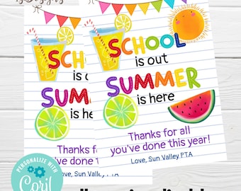 School Is Out Summer Is Here, Teacher Editable Thank You Tag, Beach Towel Tote Bag Gift Tag, End of School, Teacher Appreciation Favor Tag