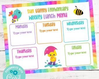 School Lunch Planner, Printable Weekly Menu, Lunch Menu for Children, Kids Lunch Organizer, Family Meal Planner Editable, Instant Download