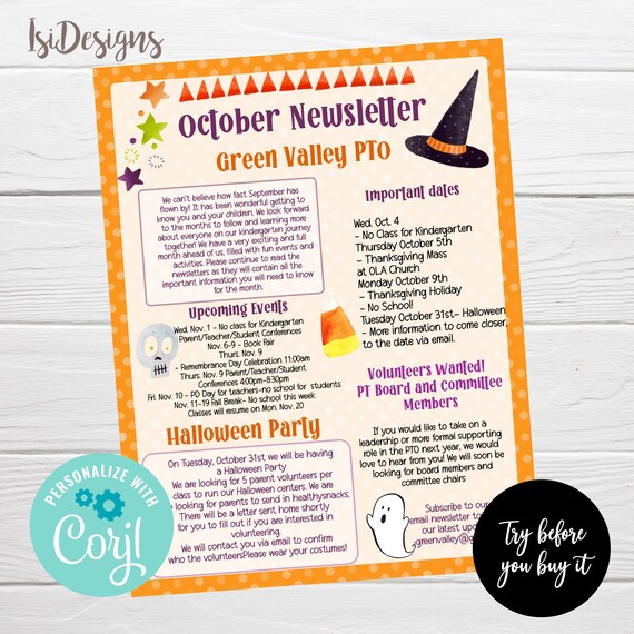 Editable October Newsletter, PTO PTA Editable Template, October Flyer Editable October Newsletter, PTO PTA Editable Template, October Flyer