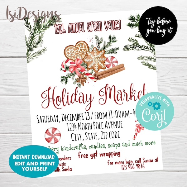 EDITABLE Holiday Market Flyer, Christmas Craft Show, Instant Download Holiday Church Flyer, School Craft Fair