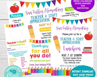 May include: A printable teacher appreciation bundle for Sun Valley Elementary. The bundle includes a weekly calendar, door hanger, tag, and invitation. The invitation is for a luncheon on May 7th at 12:00 PM at The Bush Garden Bistro. The invitation features a red apple, a pencil, and a stack of books.