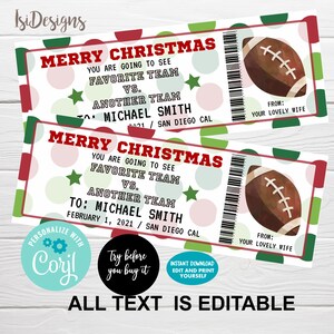 May include: Two Christmas-themed football tickets with a brown football graphic. The tickets have a red and green border with the text "MERRY CHRISTMAS" and "YOU ARE GOING TO SEE FAVORITE TEAM VS. ANOTHER TEAM".