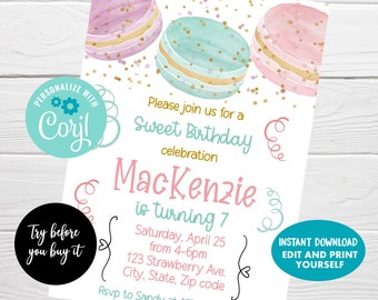 Macaron Birthday Invitation, Editable Cookie Invite, Sweet Birthday Celebration Girly Birthday, Baby Shower, Bridal Shower, Instant Download