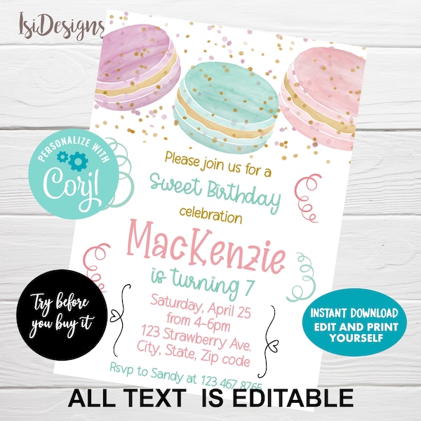 Macaron Birthday Invitation, Editable Cookie Invite, Sweet Birthday Celebration Girly Birthday, Baby Shower, Bridal Shower, Téléchargement instantané