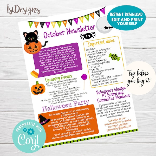 October PTO PTA Editable Newsletter, October Flyer Template, School  Newsletter, Fall Printable Handout, Instant Download