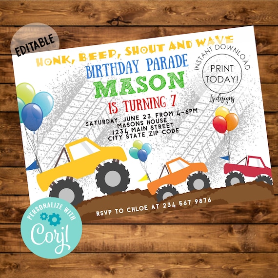Drive By Birthday Parade Editable MonsterTrucks Invitation, Instant Download, Drive Through Quarantine Boy Birthday Party Social Distancing Il_570xn