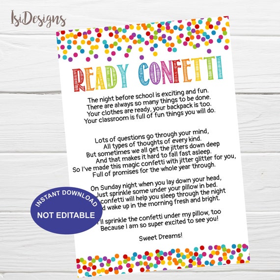 Back to School Ready Confetti, Printable Night Before First Day of School,  Digital Download, Back to School, 1st day of School Tradition