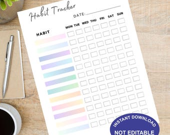 Peut inclure: Une feuille blanche de suivi des habitudes avec des étiquettes d'habitudes aux couleurs pastel. La feuille comprend une section pour la date et les jours de la semaine. Les mots "Habit Tracker" sont écrits en cursive. Un ovale bleu avec les mots "Instant Download" et "Not Editable" est en bas à droite.