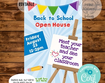 Open house back to school printable flyer, Editable open house school invitation, Instant Download, PTA PTO Open House Poster