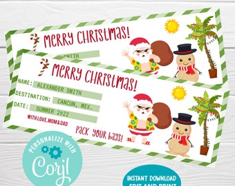 Christmas Trip to the Beach Ticket, Holiday Surprise Vacation Ticket, Editable Christmas Airplane Boarding Pass