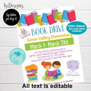 EDITABLE Book Drive Flyer, Printable PTA PTO Flyer, School Church Fundraiser Event Template, Instant Download, Literacy Night Flyer