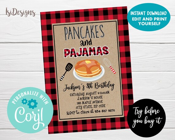 Pancakes and Pajamas Editable Invitation, Instant Download, Red Buffalo Plaid Il_570xn