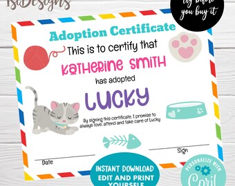 Kitten Certificate of Adoption, Editable  Pet Adoption Template, Cat Adoption Certificate, Instant Download, Birthday Kitten Adoption