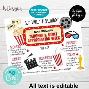 Hollywood Teacher Appreciation Week, Instant Download, Editable Itinerary Flyer, Appreciation Week Schedule Events Template, Movie Themed