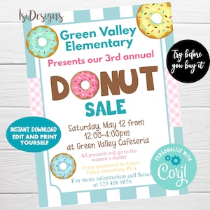 Editable Donuts Sale Flyer, Instant Download, Fundraiser Event Poster, Printable PTA PTO Flyer, Church Fundraiser, Charity Event Template