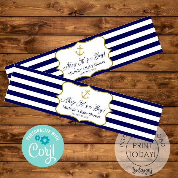 Nautical water bottle labels, Instant Download, Navy and Gold favor labels, Nautical decoration, bridal shower, baby shower