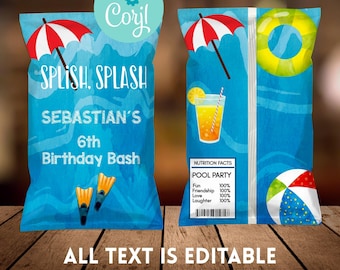 Chip Bag Wrapper, Editable Snack Favor Bag, Pool Party Bag for Snacks, Instant Download