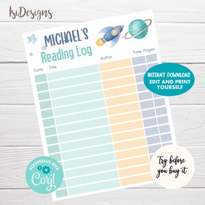 Puede incluir: Un registro de lectura imprimible con un tema espacial. El registro tiene un cohete azul, un planeta azul y estrellas. El registro tiene columnas para la fecha, el título, el autor, el tiempo y las páginas. El texto "MICHAEL'S Reading Log" está en la parte superior del registro.