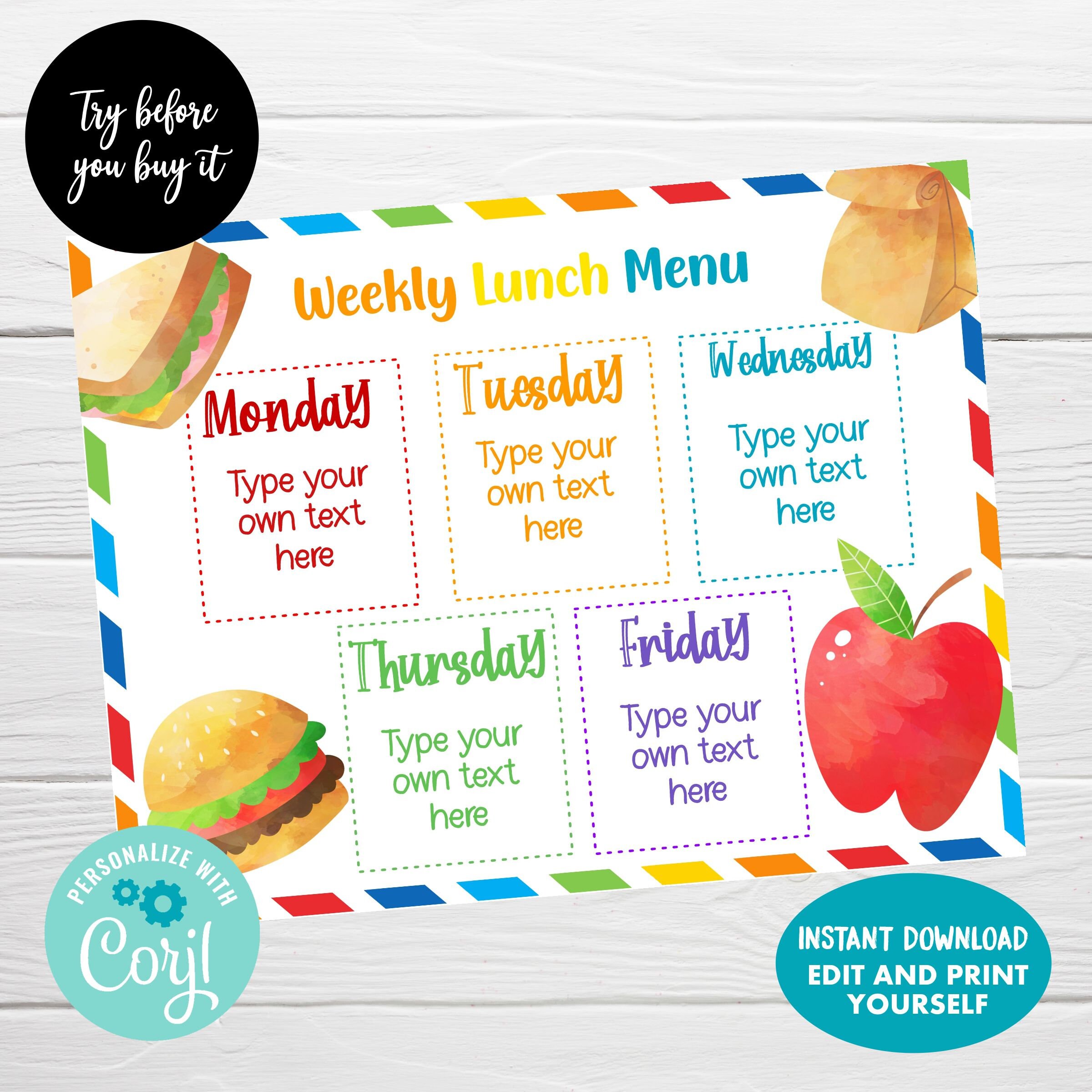 Editable Kids Lunch Planner Meal Weekly Planner Lunch Menu Etsy