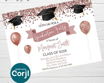 Rose Gold Graduation Party Invitation - Instant Download -  Editable Grad Announcement Template