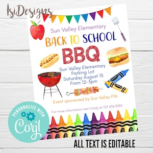 Back to School BBQ Editable Flyer, School Open House, Meet your Teacher Lunch, PTO PTA Fundraiser School Picnic Invite, Corjl Flyer Template