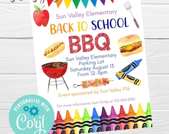 Back to School BBQ Editable Flyer, School Open House, Meet your Teacher Lunch, PTO PTA Fundraiser School Picnic Invite, Corjl Flyer Template
