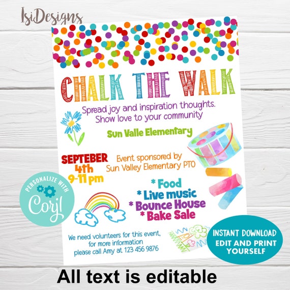 Chalk the Walk Flyer, Editable Back to School Fundraiser Event, Instant