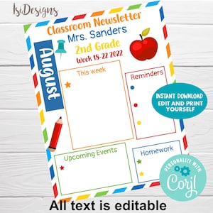 Classroom Editable Newsletter, Teacher Newsletter, Instant Download, Back to School Weekly or Monthly Newsletter, Note from Teacher Handout