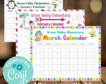 May include: Three printable calendar pages for January, February, and March. Each page features a different colorful design with a penguin, mailbox, butterfly, and bee. The text "Green Valley Elementary" and the month are at the top of each page. The text "All text is editable" is at the bottom of the image.