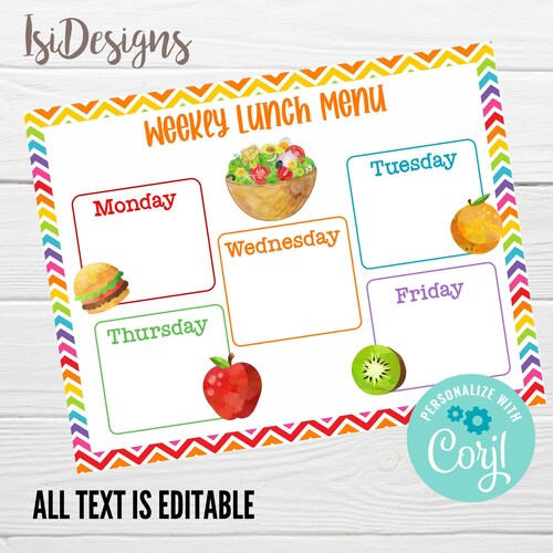 Kids Lunch Weekly Menu Planner Chart Menu Planning Printable - Etsy