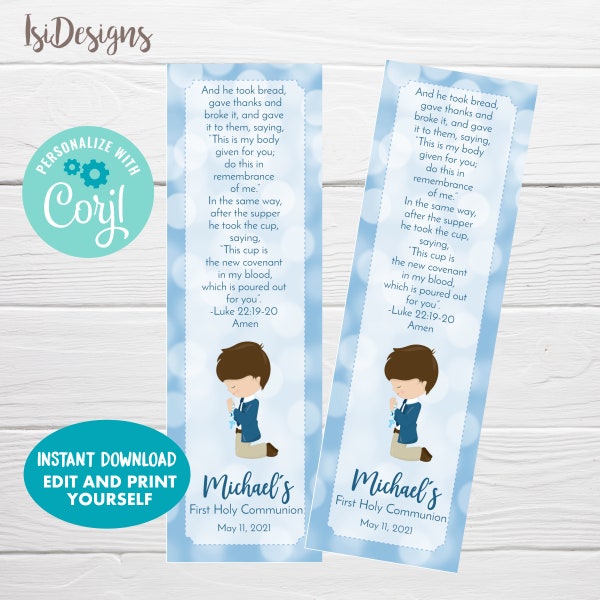 Editable First Communion Bookmark, Personalized Boy Communion Favors, Tarjeta de Primera Comunion