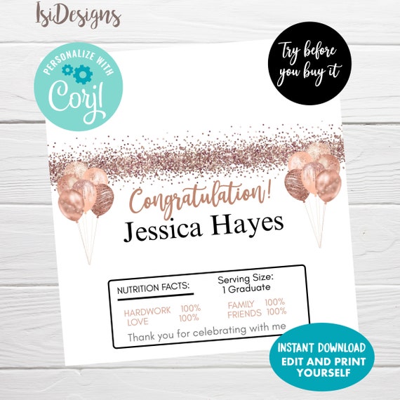 Rose Gold Graduation Candy Bar Wrapper, Instant Download, Editable Chocolate Favor Label, College Senior High School Graduation Il_570xn