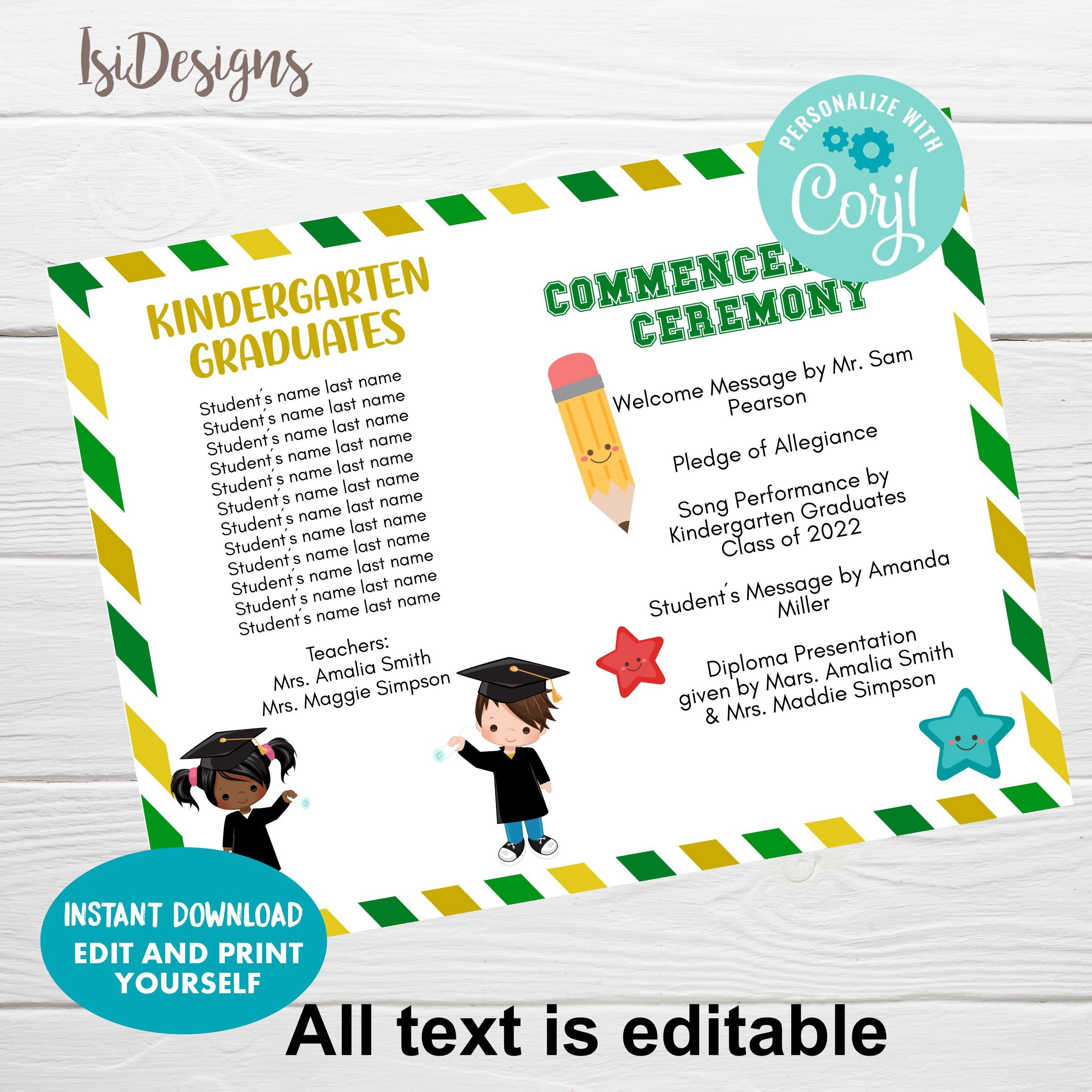 Kindergarten Graduation Ceremony Program, Preschool Graduation  Announcement, Instant Download, Green and Gold Editable Program Template -  Etsy, image size:2400x2400
