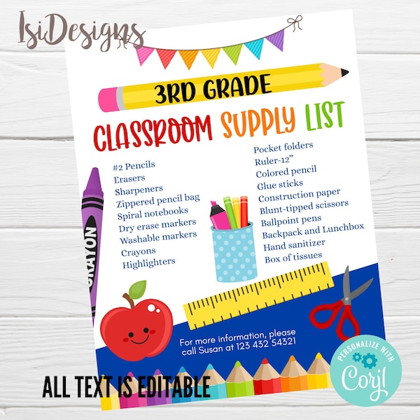 Editable School Supply List, Classroom Supply List for Teachers, Back to School List, Instant Download, School Supply Drive Flyer