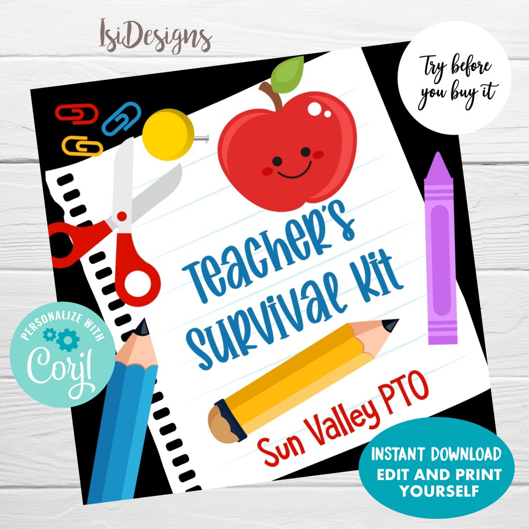 Teacher Survival Kit Gift Tags, Back to School Editable Favor Tag, PTO ...