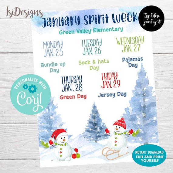 January Spirit Week Editable Flyer Winter Planner Editable | Etsy