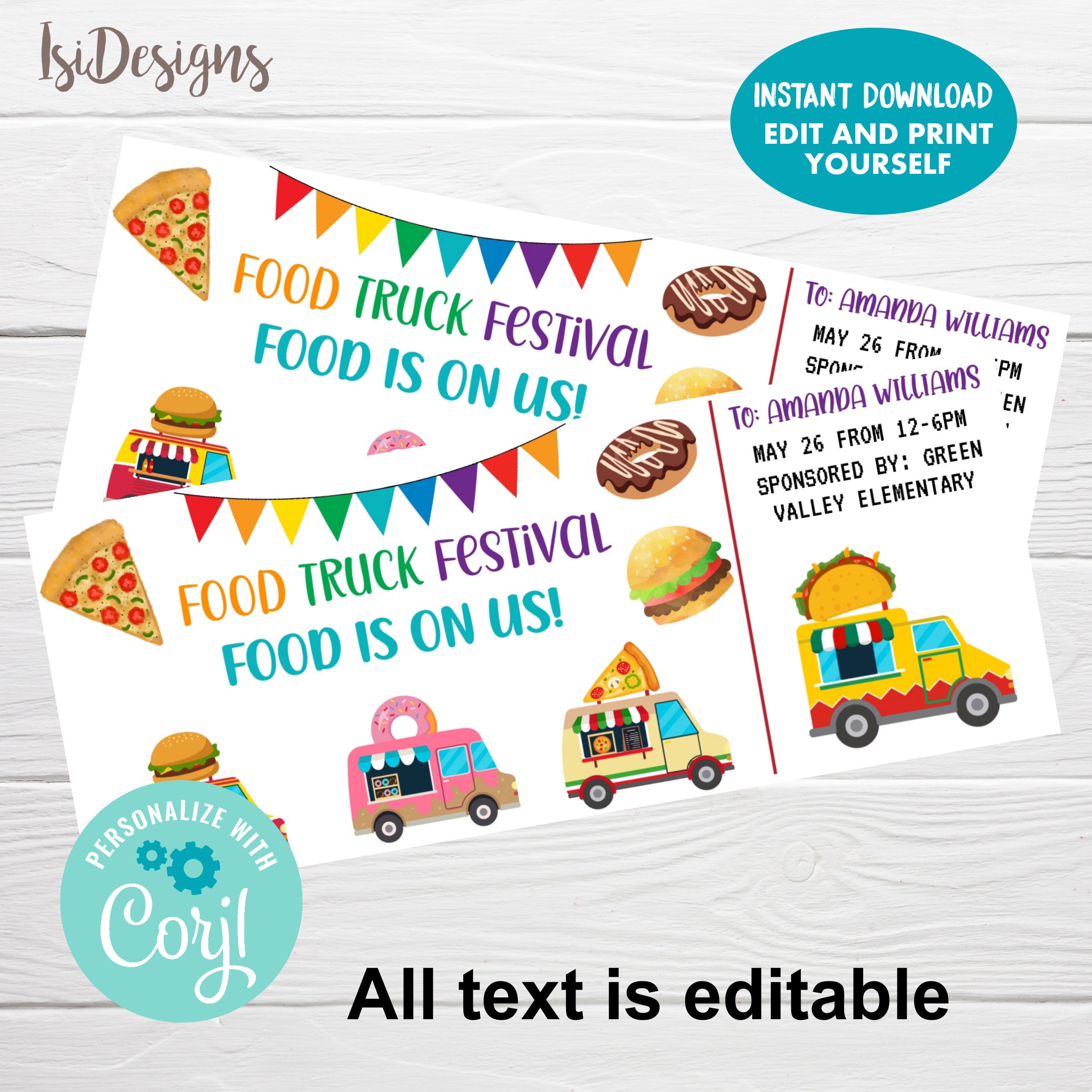 Food truck editable ticket, Fundraiser Event Gift Card, Instant Download, Appreciation Voucher, School PTA/PTO, employee, nurse