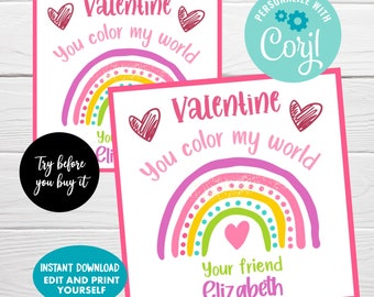 Valentine you color my world favor tag, Instant Download, Editable Valentine's Day Classroom Tags