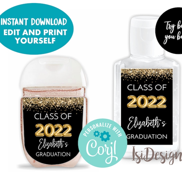 Graduation Hand Sanitizer, Class of 2022 Editable Favor Labels, Instant Download